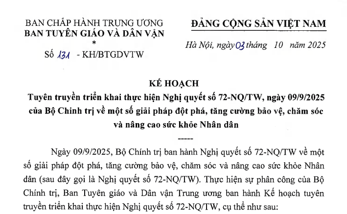 Đã có Kế hoạch 131-KH/BTGDVTW triển khai Nghị quyết 72 về nâng cao sức khỏe Nhân dân