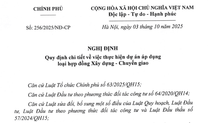 Đã có Nghị định 256/2025/NĐ-CP quy định về hợp đồng Xây dựng - Chuyển giao