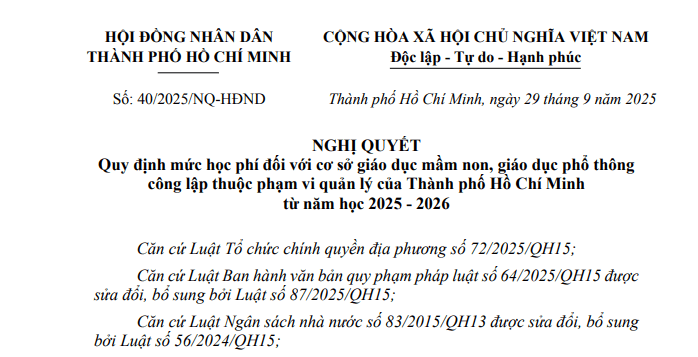 Toàn văn Nghị quyết 40/2025/NQ-HĐND mức học phí tại trường mầm non, phổ thông công lập tại TPHCM