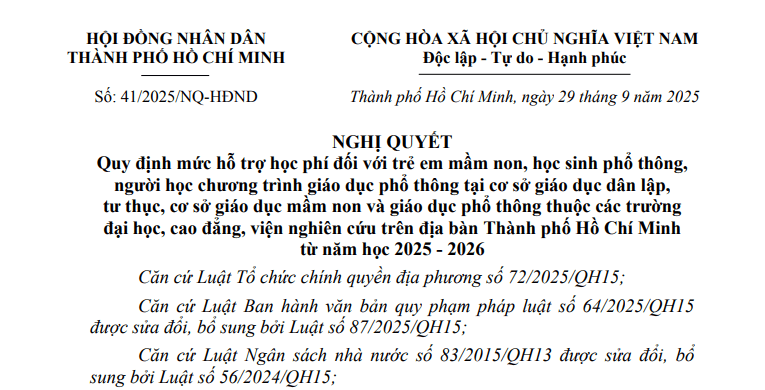 Toàn văn Nghị quyết 41/2025/NQ-HĐND về mức hỗ trợ học phí năm học 2025 - 2026 tại TPHCM