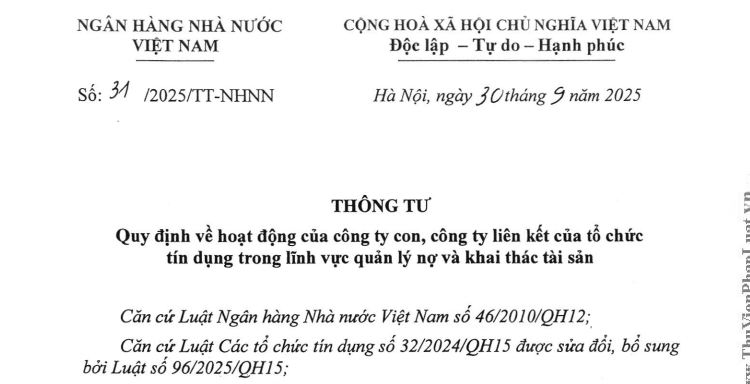 Đã có Thông tư 31/2025/TT-NHNN về hoạt động công ty con, liên kết tín dụng trong lĩnh vực quản lý nợ