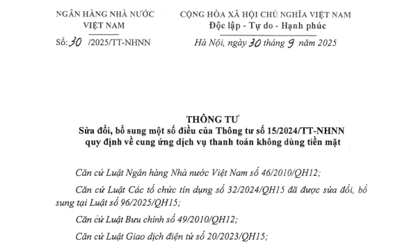 Đã có Thông tư 30/2025/TT-NHNN sửa đổi Thông tư 15/2024 về cung ứng dịch vụ thanh toán không dùng tiền mặt