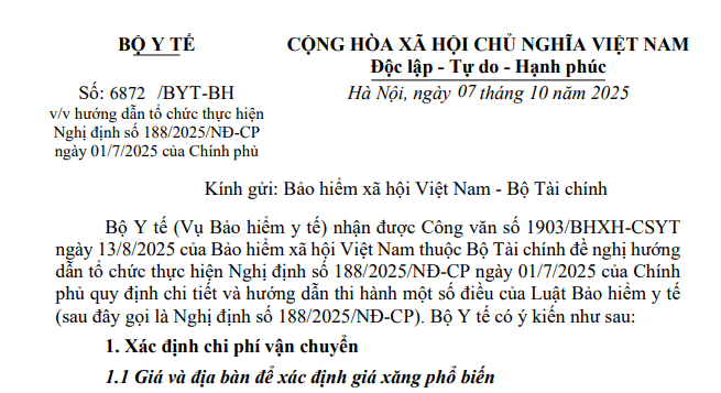 Công văn 6872/BYT-BH: Hướng dẫn tổ chức thực hiện Nghị định 188/2025/NĐ-CP