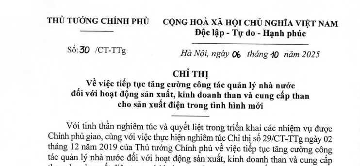 Chỉ thị 30/CT-TTg: Chỉ thị mới về hoạt động sản xuất kinh doanh than và cung cấp than cho sản xuất điện