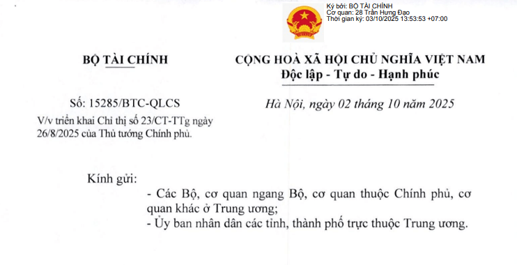 Toàn văn Công văn 15285/BTC-QLCS hướng dẫn Chỉ thị 23 về Tổng kiểm kê tài sản công tại cơ quan tổ chức 