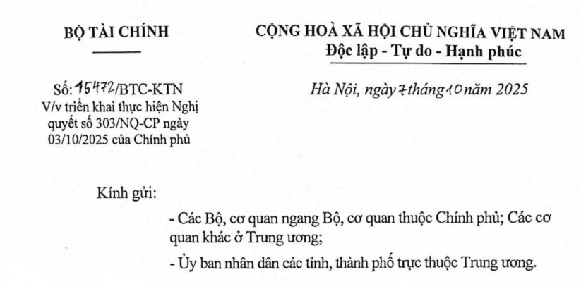 Công văn 15472/BTC-KTN hướng dẫn Nghị quyết 303 hoàn thành chi trả chế độ cho CBCCVC trước 10/10