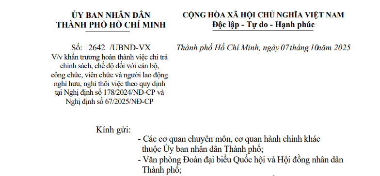 Toàn văn Công văn 2642/UBND-VX chi trả chế độ cho cán bộ công chức theo Nghị định 178, 67 tại TPHCM
