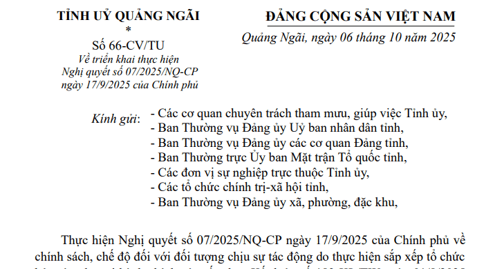 Công văn 66-CV/TU hướng dẫn Nghị quyết 07 về chế độ khi sắp xếp ĐVHC theo Kết luận 183 tại Quảng Ngãi