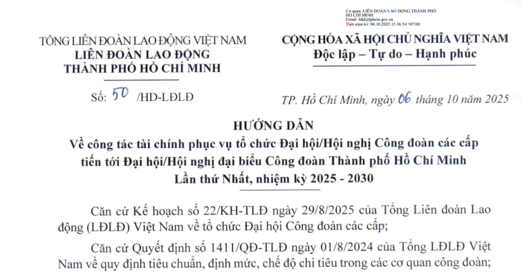 Đã có Hướng dẫn 50/HD-LĐLĐ về tài chính phục vụ tổ chức Đại hội Công đoàn các cấp tại TPHCM