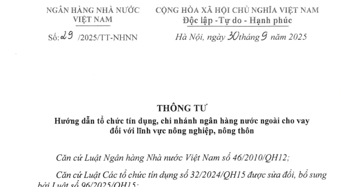 Đã có Thông tư 29/2025/TT-NHNN hướng dẫn tổ chức tín dụng cho vay đối với lĩnh vực nông nghiệp nông thôn