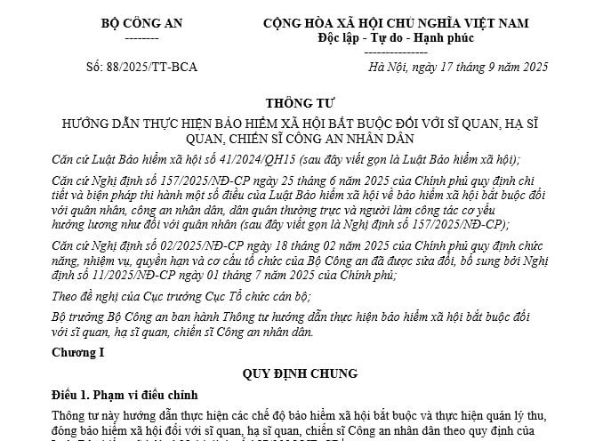Đã có Thông tư 88/2025/TT-BCA hướng dẫn thực hiện BHXH bắt buộc đối với sĩ quan, hạ sĩ quan, chiến sĩ Công an nhân dân