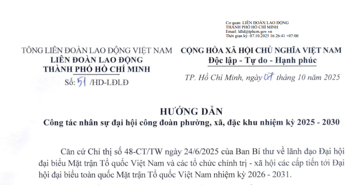 Đã có Hướng dẫn 51/HD-LĐLĐ về công tác nhân sự đại hội công đoàn cấp xã nhiệm kỳ 2025 2030 tại TPHCM