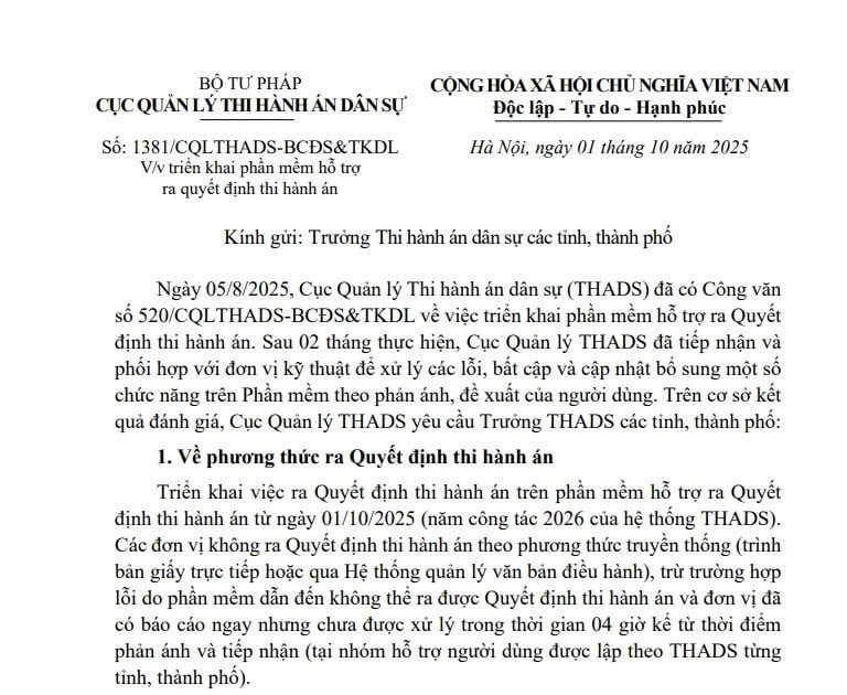 Công văn 1381: Hướng dẫn triển khai phần mềm hỗ trợ ra quyết định thi hành án