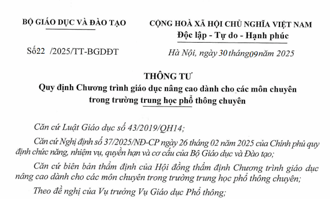 Đã có Thông tư 22/2025/TT-BGDĐT về Chương trình giáo dục dành cho các môn chuyên