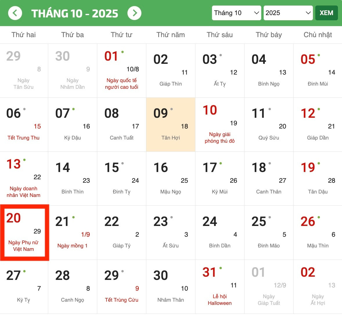 Ngày Phụ nữ Việt Nam 20/10 năm nay là thứ Hai.