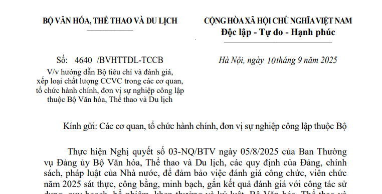 Đã có Công văn 4640/BVHTTDL-TCCB về đánh giá xếp loại chất lượng công chức viên chức tại Bộ VHTTDL