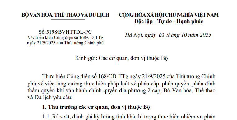 Công văn 1598/BVHTTDL-PC: Hướng dẫn Công điện 168 về phân cấp phân quyền theo chính quyền địa phương 2 cấp