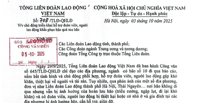 Công văn 708/TLĐ-QHLĐ: Hỗ trợ đoàn viên, người lao động khắc phục hậu quả sau bão