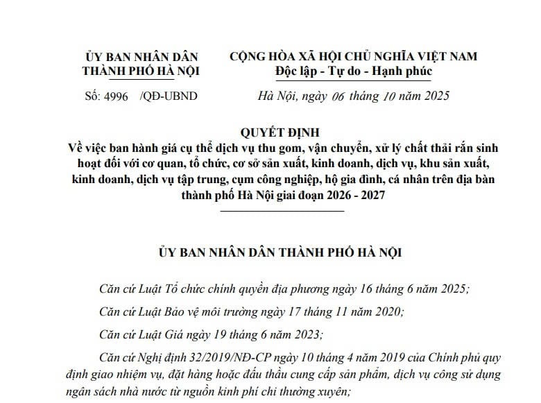 Giá cụ thể dịch vụ thu gom, xử lý chất thải rắn sinh hoạt tại Hà Nội giai đoạn 2026 - 2027 (Quyết định 4996/QĐ-UBND) 