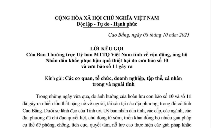 Lời kêu gọi ủng hộ Nhân dân khắc phục thiệt hại do bão số 10 của MTTTQ Việt Nam tỉnh Cao Bằng