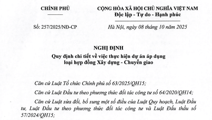 Đã có Nghị định 257/2025/NĐ-CP quy định về hợp đồng Xây dựng - Chuyển giao