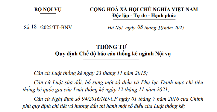 Đã có Thông tư 18/2025/TT-BNV quy định chế độ báo cáo thống kê ngành Nội vụ