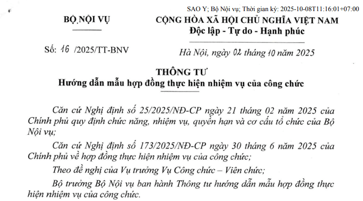 Đã có Thông tư 16/2025/TT-BNV hướng dẫn mẫu hợp đồng thực hiện nhiệm vụ công chức
