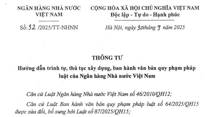 Đã có Thông tư 32/2025/TT-NHNN hướng dẫn trình tự xây dựng VBQPPL của NHNN Việt Nam