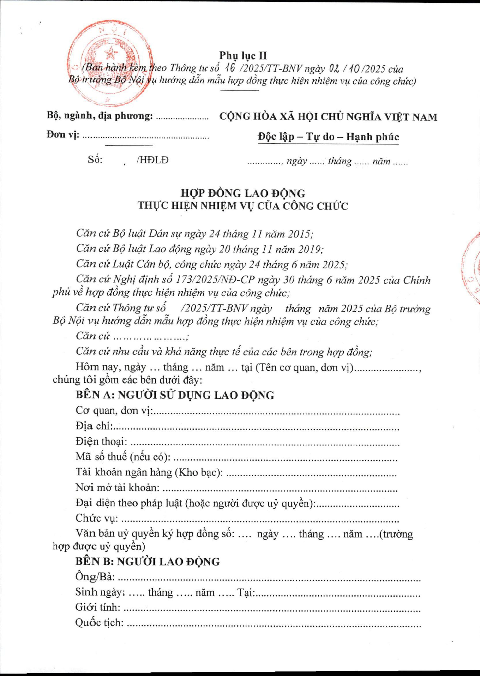 Mẫu hợp đồng lao động thực hiện nhiệm vụ của công chức áp dụng từ 16/11- Ảnh 1.