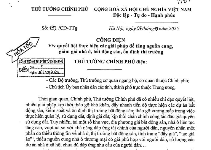 Công điện 190/CĐ-TTg quyết liệt tăng nguồn cung giảm giá nhà ở bất động sản