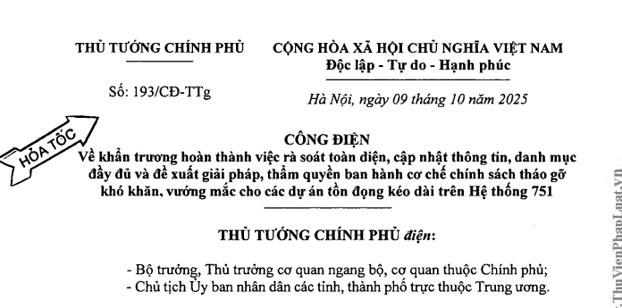 Công điện 193/CĐ-TTg: Chỉ đạo mới về tháo gỡ vướng mắc cho các dự án tồn đọng kéo dài trên Hệ thống 751