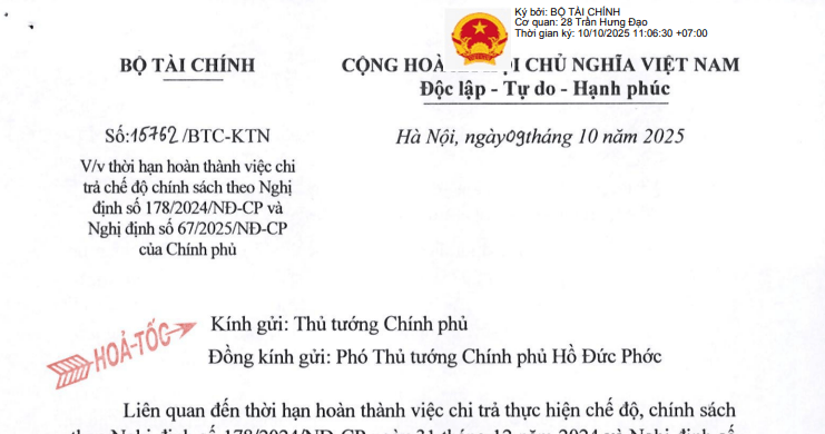 Toàn văn Công văn 15762/BTC-KTN (hỏa tốc) thời hạn hoàn thành chi trả chế độ chính sách theo Nghị định 178, 67