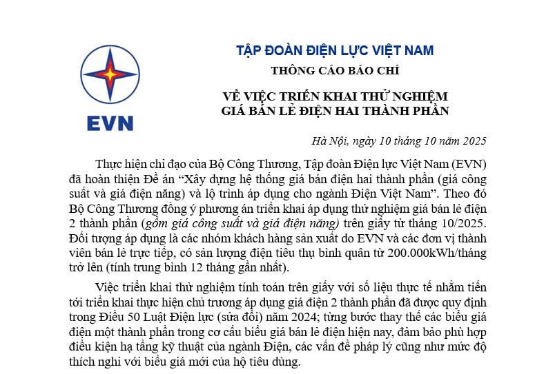 Biểu giá thử nghiệm giá bán lẻ điện 02 thành phần của EVN từ tháng 10/2025