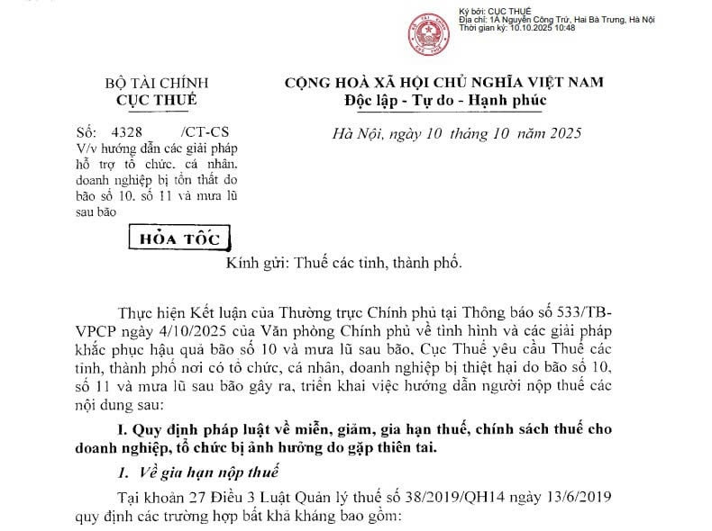 Công văn 4328: Hướng dẫn miễn giảm thuế với doanh nghiệp cá nhân bị tổn thất do bão số 10 bão số 11 và mưa lũ