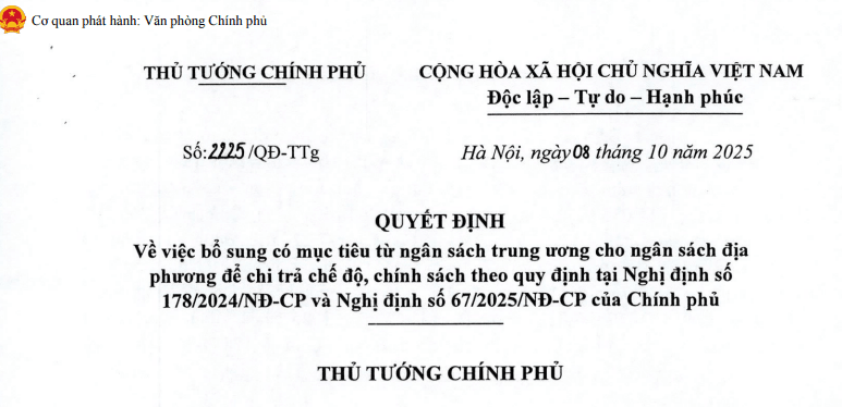 Quyết định 2225/QĐ-TTg: Bổ sung thêm 2.168.153 triệu đồng để chi trả chế độ chính sách tại Nghị định 178, 67