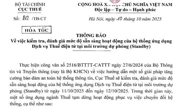 Danh sách các hệ thống ứng dụng ngành Thuế từ 11/10/2025 (Thông báo 812/TB-CT)