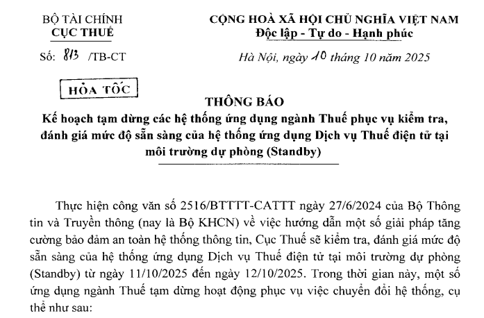 Thông báo 813/TB-CT: Tạm dừng các hệ thống ứng dụng ngành Thuế từ 11/10/2025