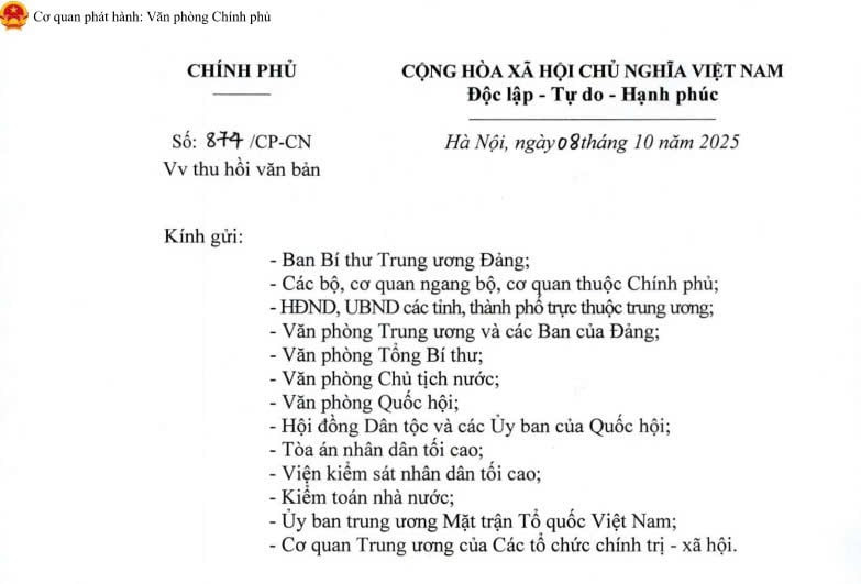 Công văn 874/CP-CN: Thu hồi Nghị định 256/2025/NĐ-CP về việc thực hiện dự án áp dụng loại hợp đồng Xây dựng - Chuyển giao