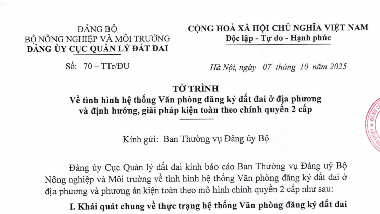 Tờ trình phương án sắp xếp Văn phòng đăng ký đất đai theo mô hình chính quyền 2 cấp