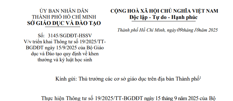 Công văn 3145/SGDĐT-HSSV: Hướng dẫn Thông tư 19/2025 về khen thưởng và kỷ luật học sinh