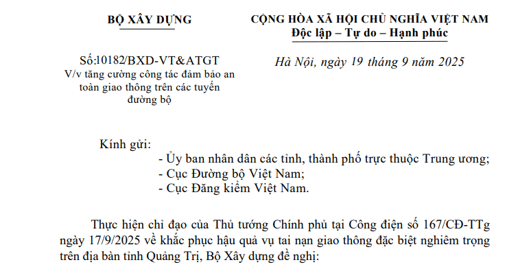 Công văn 10182: Bộ Xây dựng có chỉ đạo mới về đảm bảo an toàn giao thông trên các tuyến đường bộ