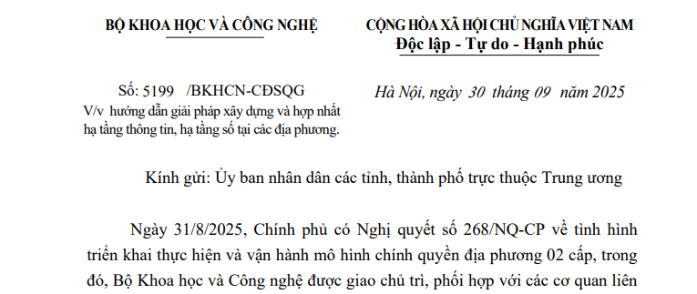 Công văn 5199: Hướng dẫn xây dựng và hợp nhất hạ tầng thông tin, hạ tầng số tại các địa phương