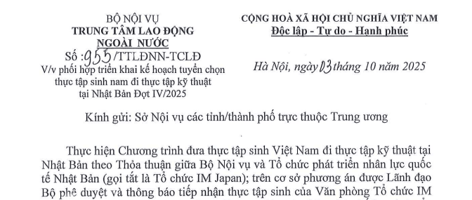 Công văn 955/TTLĐNN-TCLĐ: Tuyển chọn thực tập sinh nam đi thực tập kỹ thuật tại Nhật Bản Đợt IV/2025