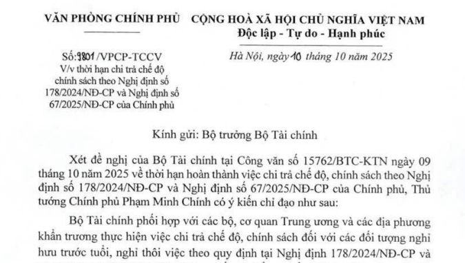 Công văn về thời hạn chi trả chế độ Nghị định 178 và Nghị định 67 của Văn phòng Chính phủ