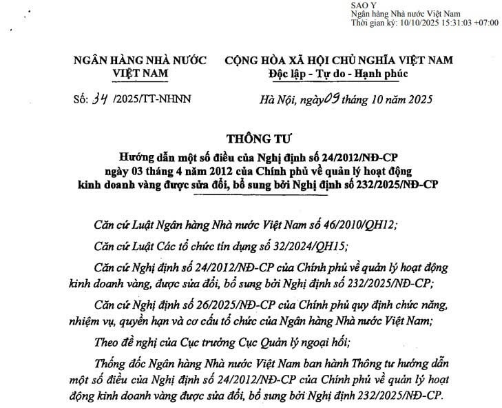 Đã có Thông tư 34/2025/TT-NHNN hướng dẫn Nghị định 24/2012 về quản lý hoạt động kinh doanh vàng