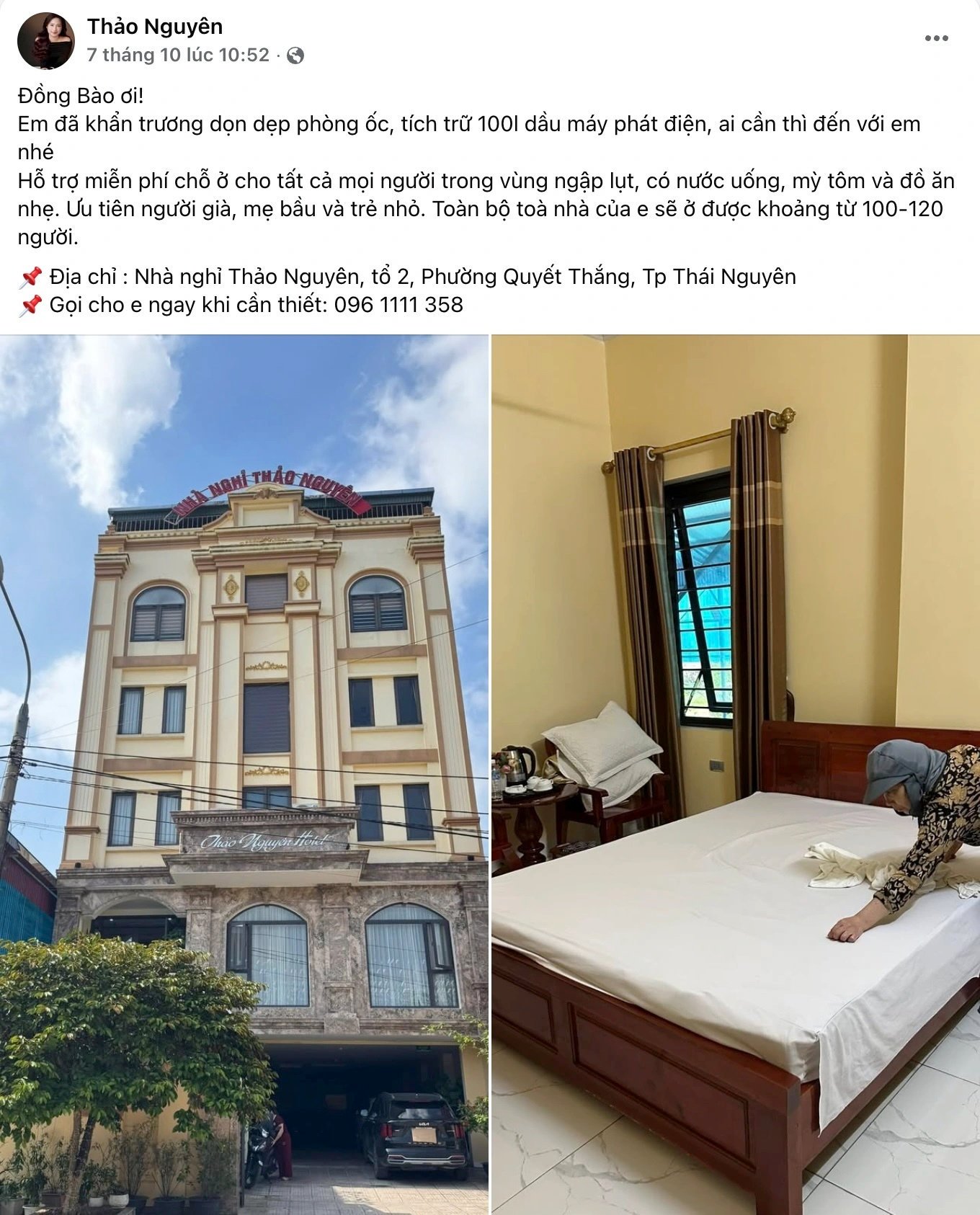Chủ khách sạn đăng bài để người dân biết, liên hệ nếu cần chỗ ở. (Ảnh: FBNV)