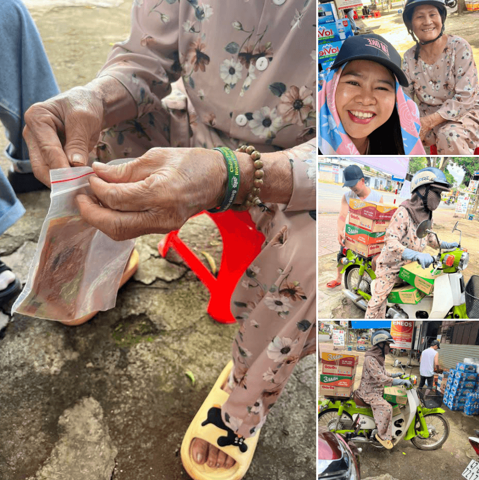 Cụ bà mang bọc tiền đựng trong túi nilon ra ủng hộ đồng bào. (Ảnh: Vui Sống)
