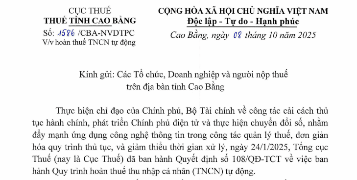 Công văn 1586/CBA-NVDTPC hướng dẫn mới về hoàn thuế TNCN tự động của Thuế Link vào Cao Bằng