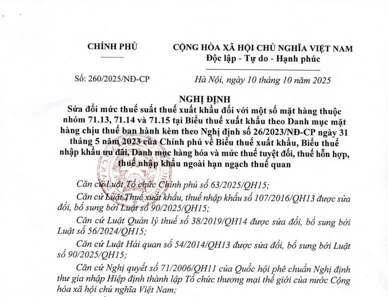 Đã có Nghị định 260/2025/NĐ-CP sửa đổi mức thuế suất thuế xuất khẩu với một số mặt hàng tại Nghị định 26/2023 từ 10/10/2025 