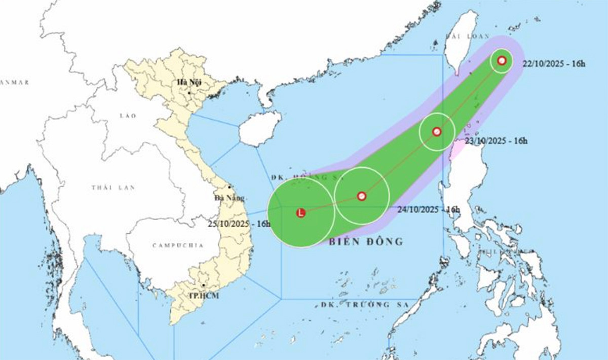 Bản đồ dự báo đường đi, khu vực ảnh hưởng của áp thấp nhiệt đới gần Biển Đông. (Nguồn: NCHMF)